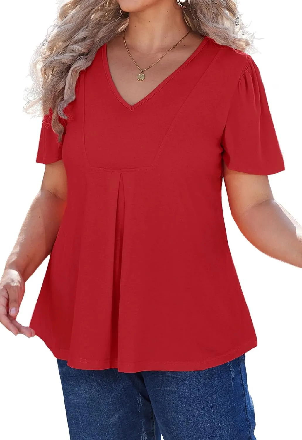 Women's Plus Size Tunic Tops Summer Short Sleeve V Neck Ruffle Blouse Pleated Casual Flowy Swing T Shirt