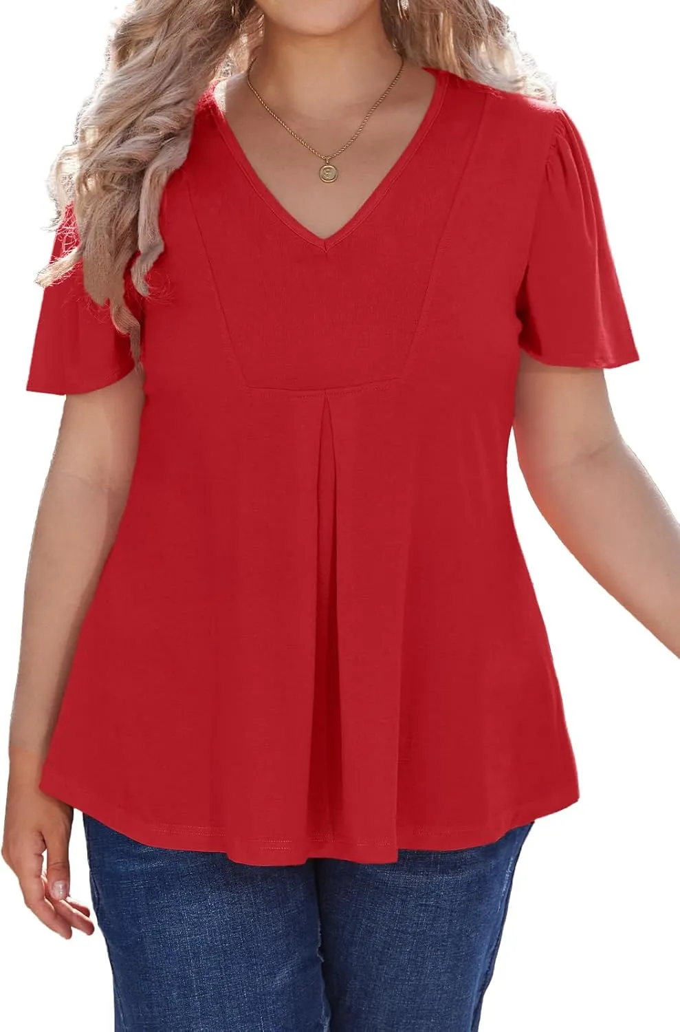 Women's Plus Size Tunic Tops Summer Short Sleeve V Neck Ruffle Blouse Pleated Casual Flowy Swing T Shirt