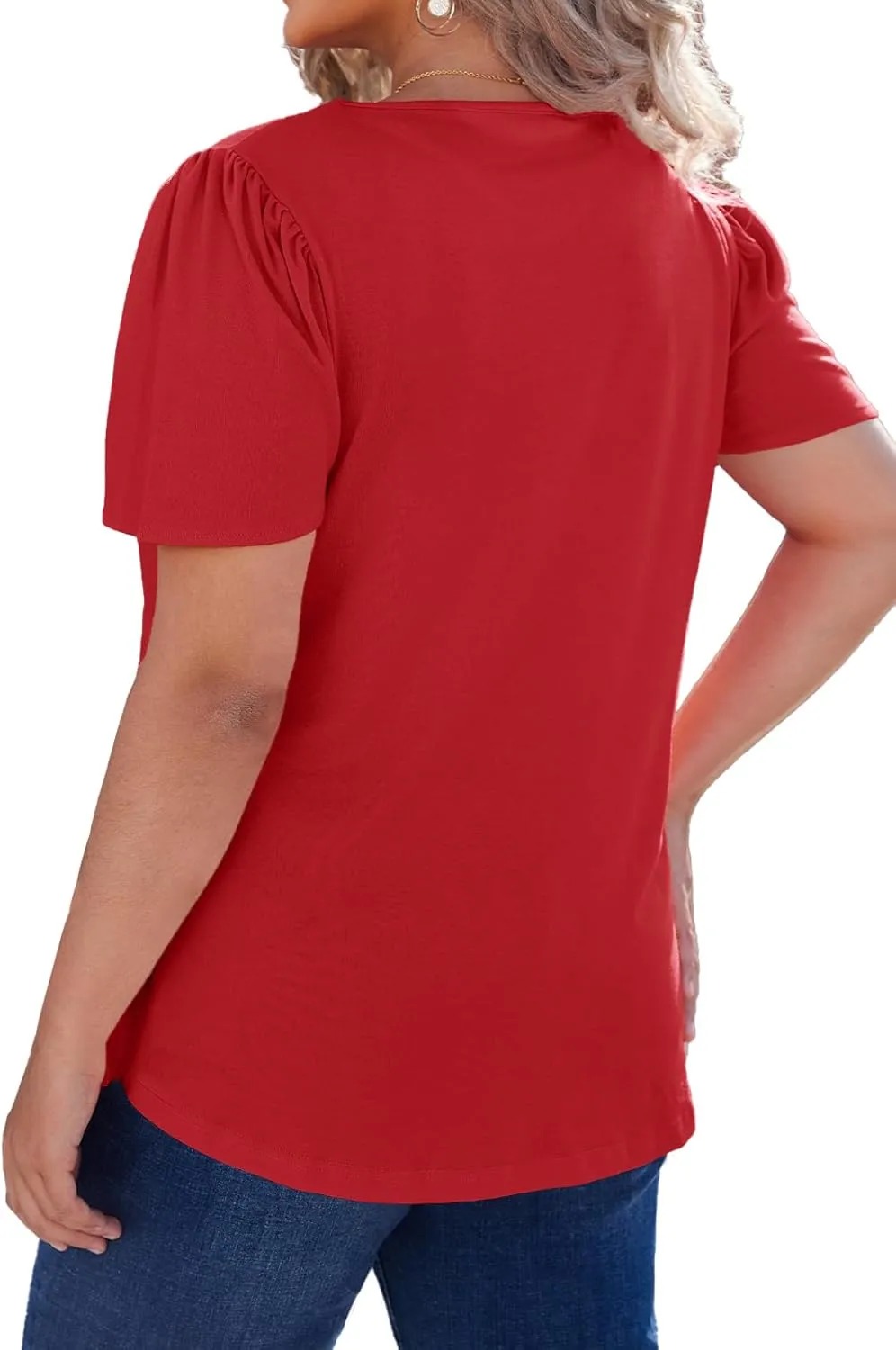 Women's Plus Size Tunic Tops Summer Short Sleeve V Neck Ruffle Blouse Pleated Casual Flowy Swing T Shirt