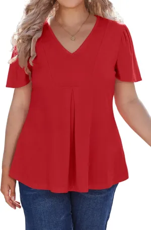 Women's Plus Size Tunic Tops Summer Short Sleeve V Neck Ruffle Blouse Pleated Casual Flowy Swing T Shirt