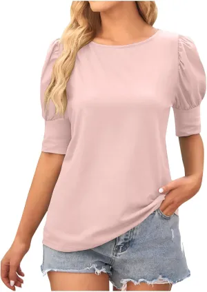 Women's Puff Short Sleeve Tops Summer Crewneck Loose Fit Casual Blouses Plain Trendy Office Work Shirts