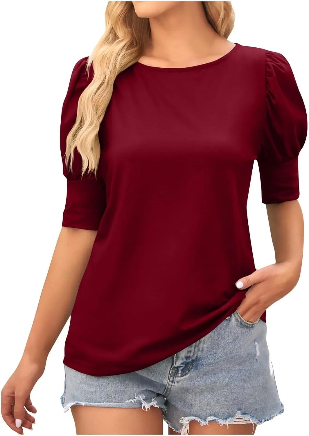 Women's Puff Short Sleeve Tops Summer Crewneck Loose Fit Casual Blouses Plain Trendy Office Work Shirts
