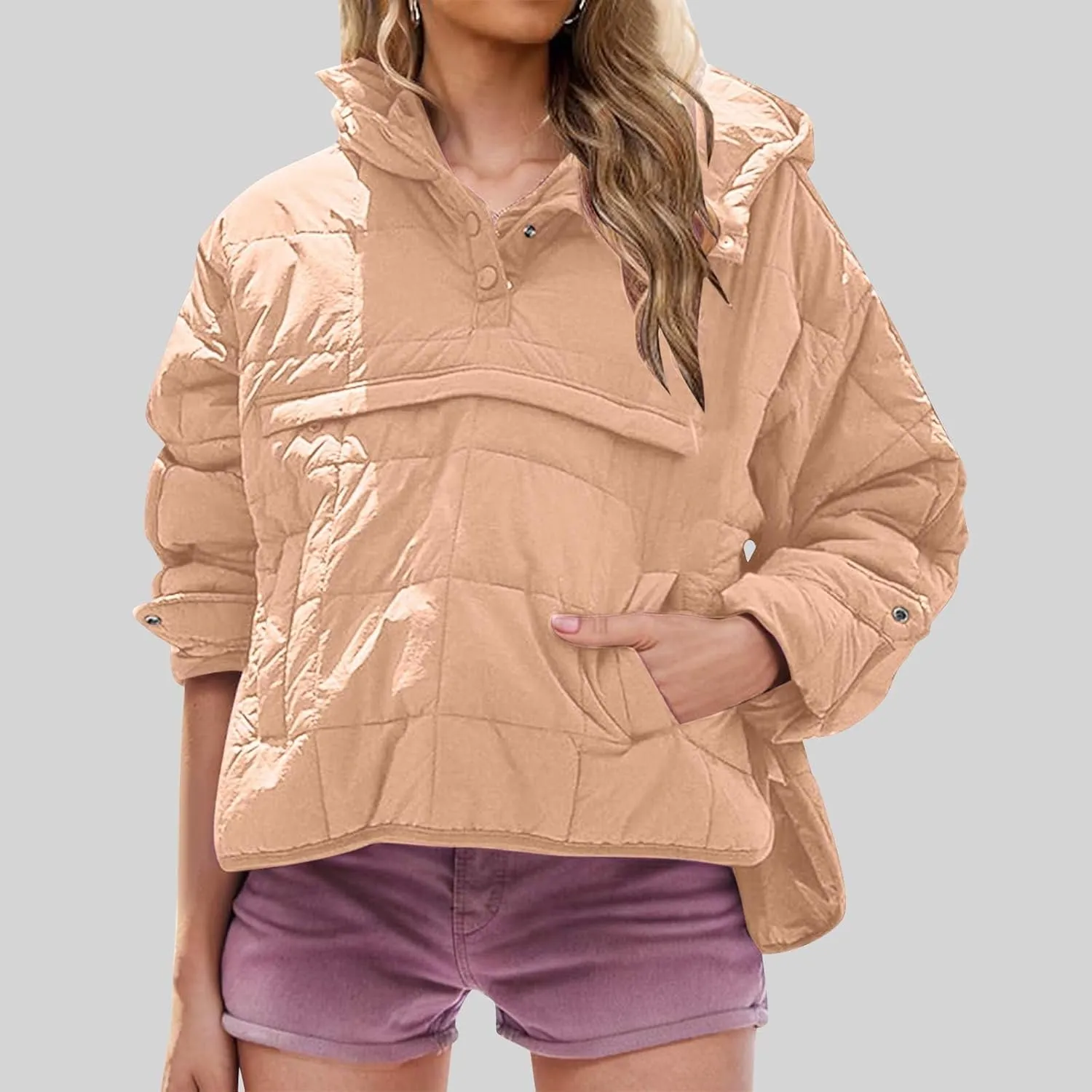 Women's Quilted Warm Puffer Jacket Winter Packable Pullover Down Coat Oversized Hoodie Lightweight Long Sleeve Outwear