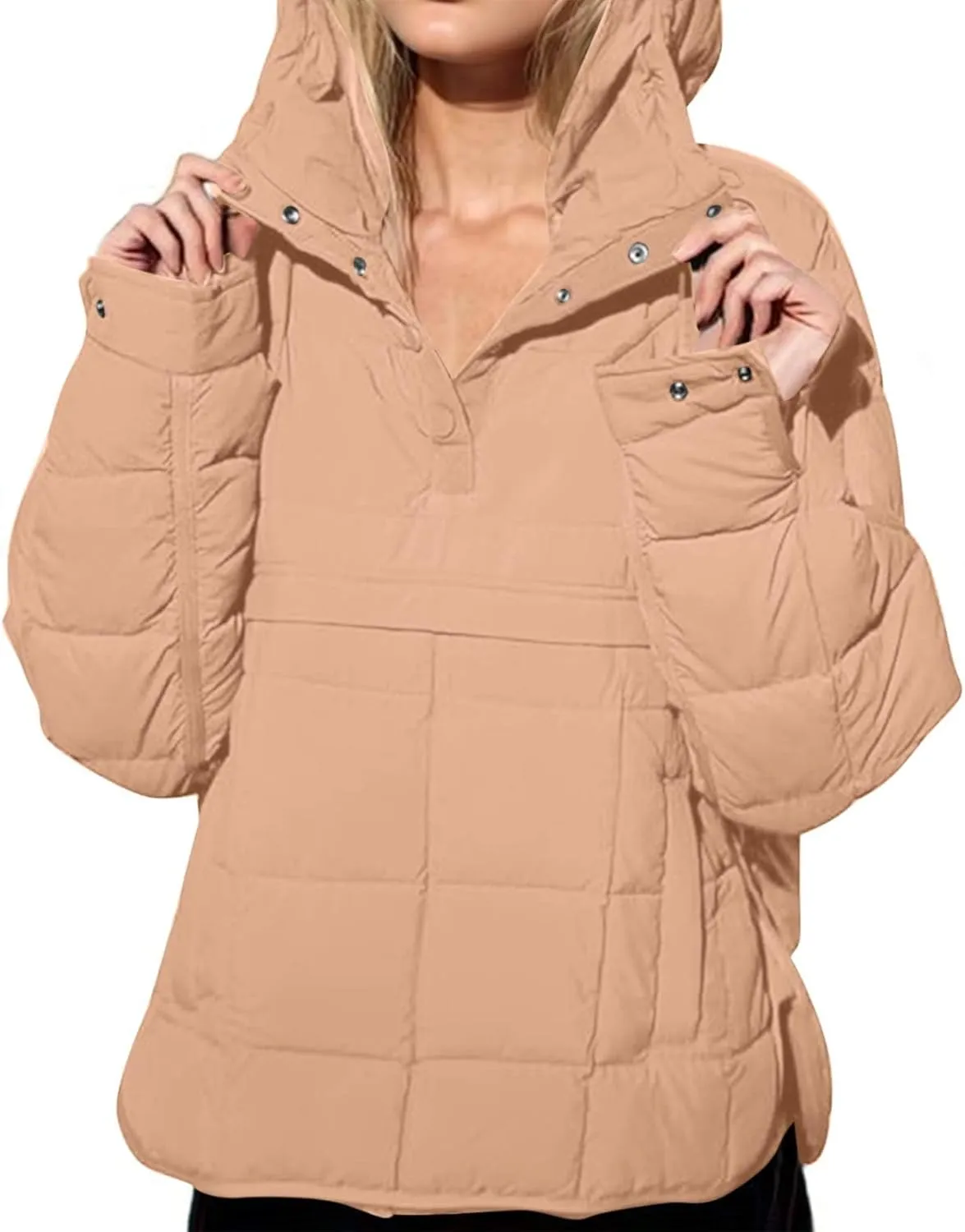 Women's Quilted Warm Puffer Jacket Winter Packable Pullover Down Coat Oversized Hoodie Lightweight Long Sleeve Outwear