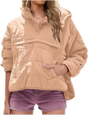 Women's Quilted Warm Puffer Jacket Winter Packable Pullover Down Coat Oversized Hoodie Lightweight Long Sleeve Outwear