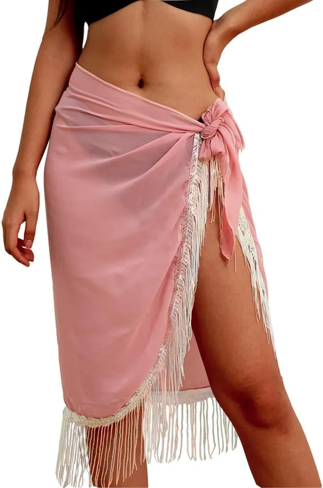 Women's Sequin Coverup with Tassels Beach Swimsuit Sarongs Semi-Sheer Coverups for Bathing Suits Long Skirt Chiffon