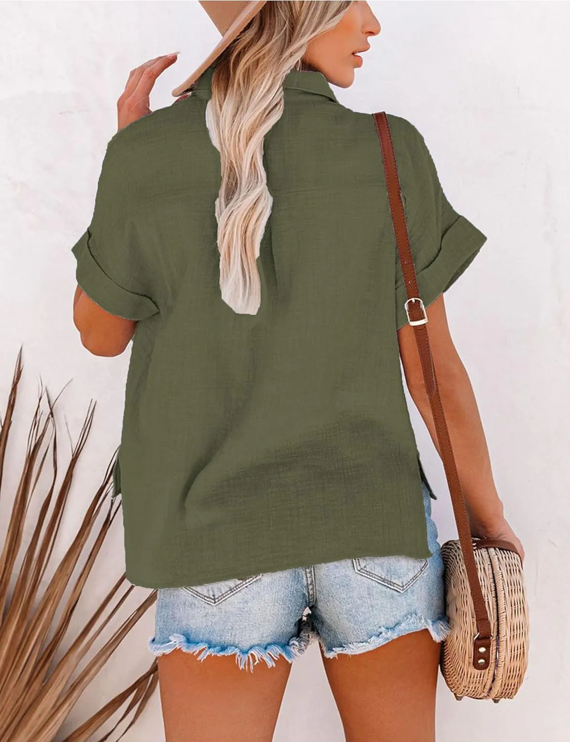 Womens Short Sleeve Cotton Button Down Up Shirt Collared V Neck Tops Shirts Blouses Dress for Women Western Wear