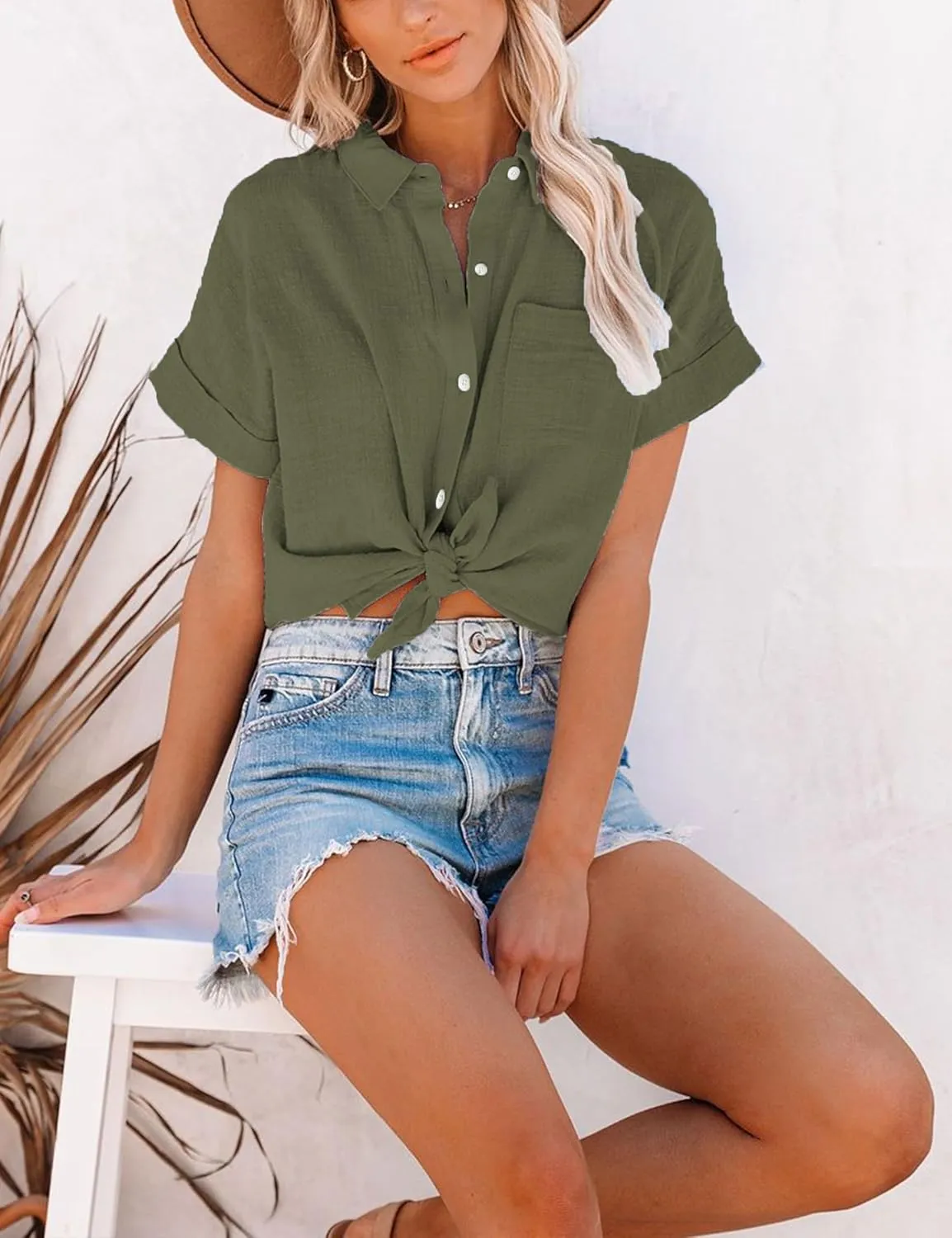 Womens Short Sleeve Cotton Button Down Up Shirt Collared V Neck Tops Shirts Blouses Dress for Women Western Wear