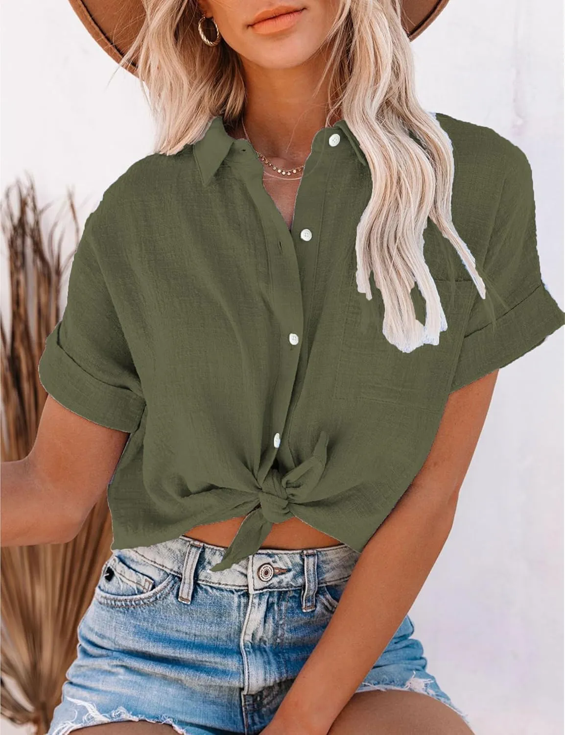 Womens Short Sleeve Cotton Button Down Up Shirt Collared V Neck Tops Shirts Blouses Dress for Women Western Wear