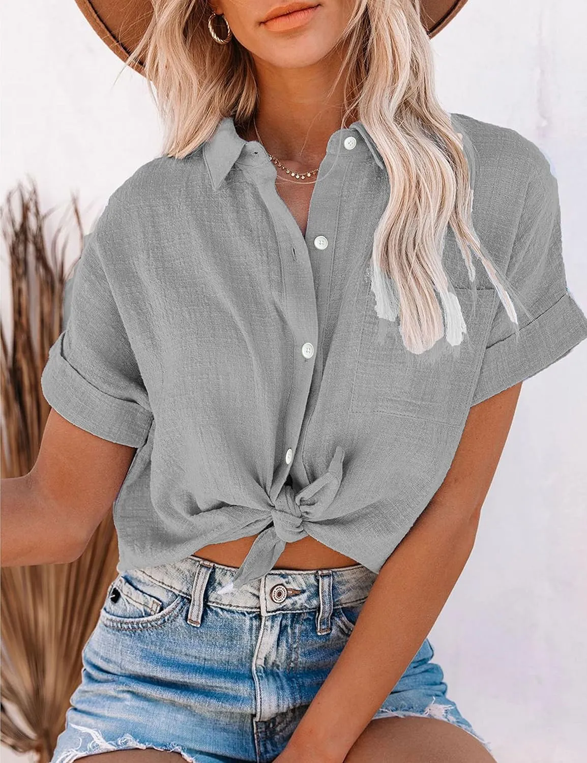 Womens Short Sleeve Cotton Button Down Up Shirt Collared V Neck Tops Shirts Blouses Dress for Women Western Wear