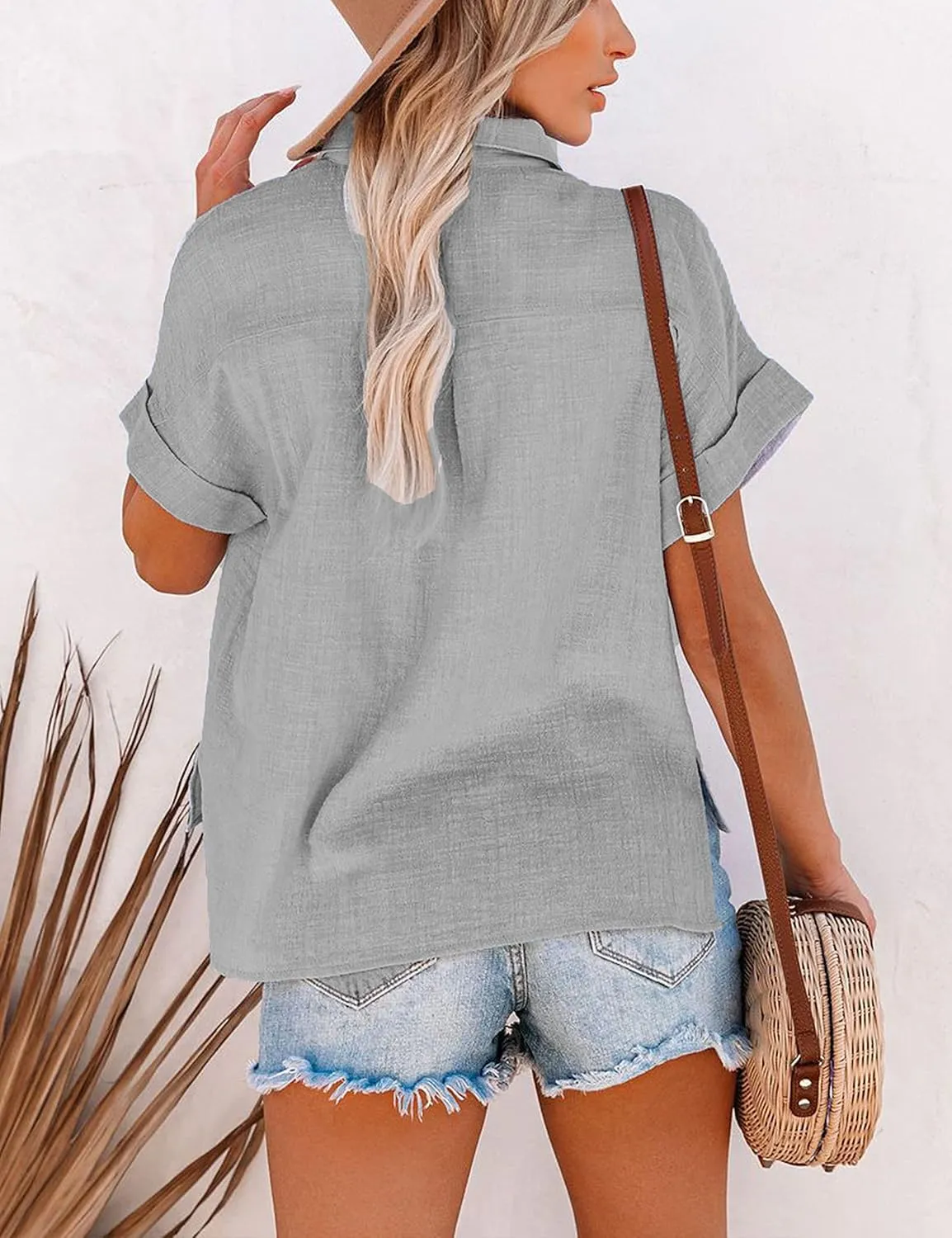 Womens Short Sleeve Cotton Button Down Up Shirt Collared V Neck Tops Shirts Blouses Dress for Women Western Wear