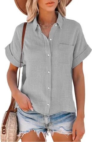 Womens Short Sleeve Cotton Button Down Up Shirt Collared V Neck Tops Shirts Blouses Dress for Women Western Wear