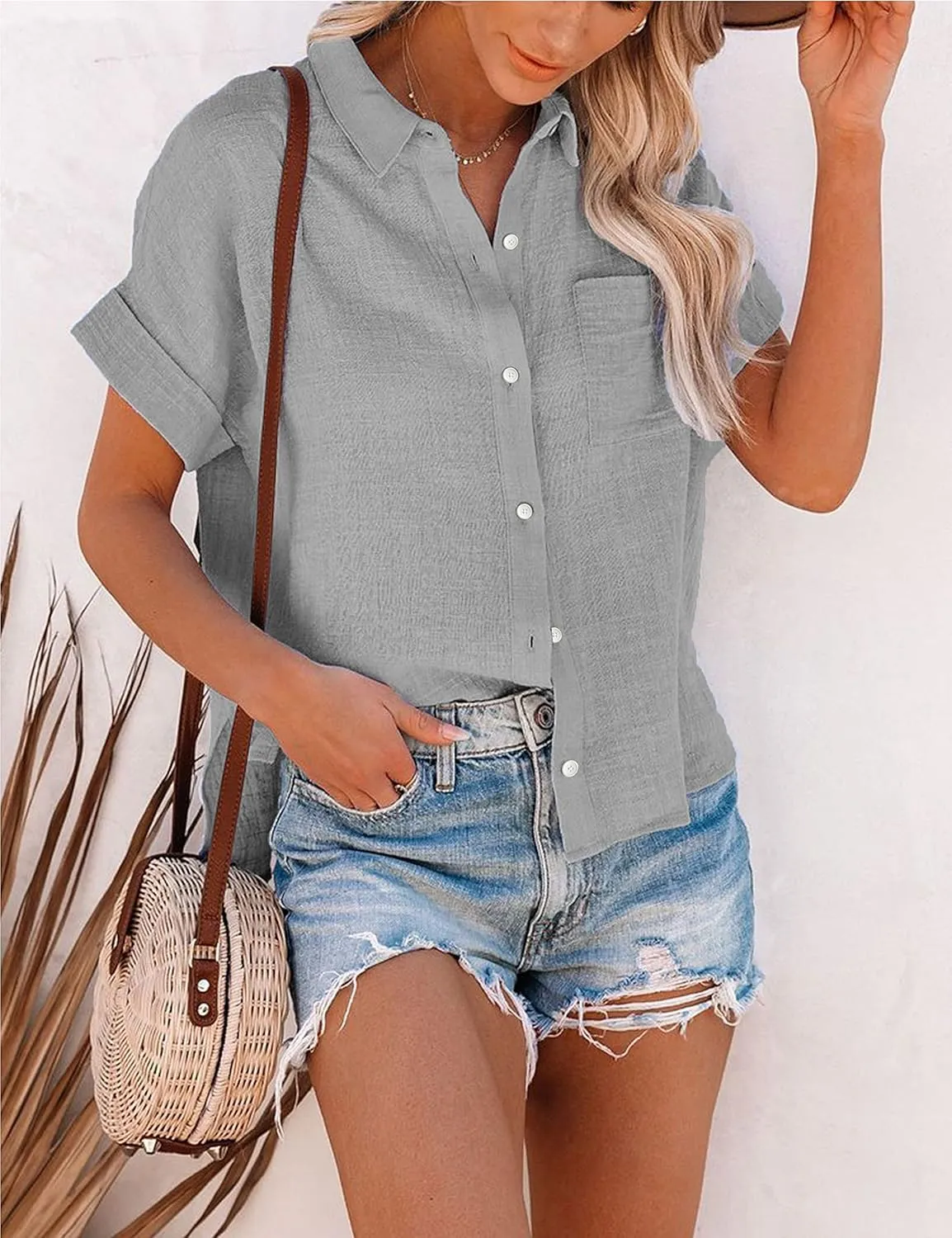 Womens Short Sleeve Cotton Button Down Up Shirt Collared V Neck Tops Shirts Blouses Dress for Women Western Wear