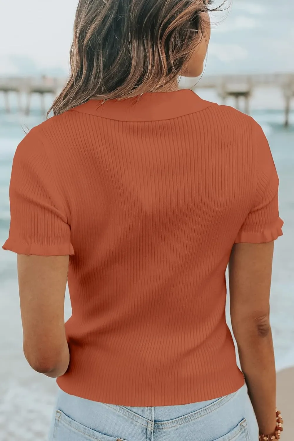 Womens Short Sleeve Sweater Tops V Neck Button Collared Ribbed Knit Pullover Shirt Slim Cropped Fall Blouse Tee