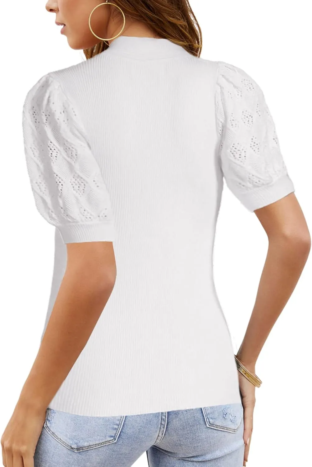 Womens Short Sleeve Sweater Tops V Neck Button Collared Ribbed Knit Pullover Shirt Slim Cropped Fall Blouse Tee