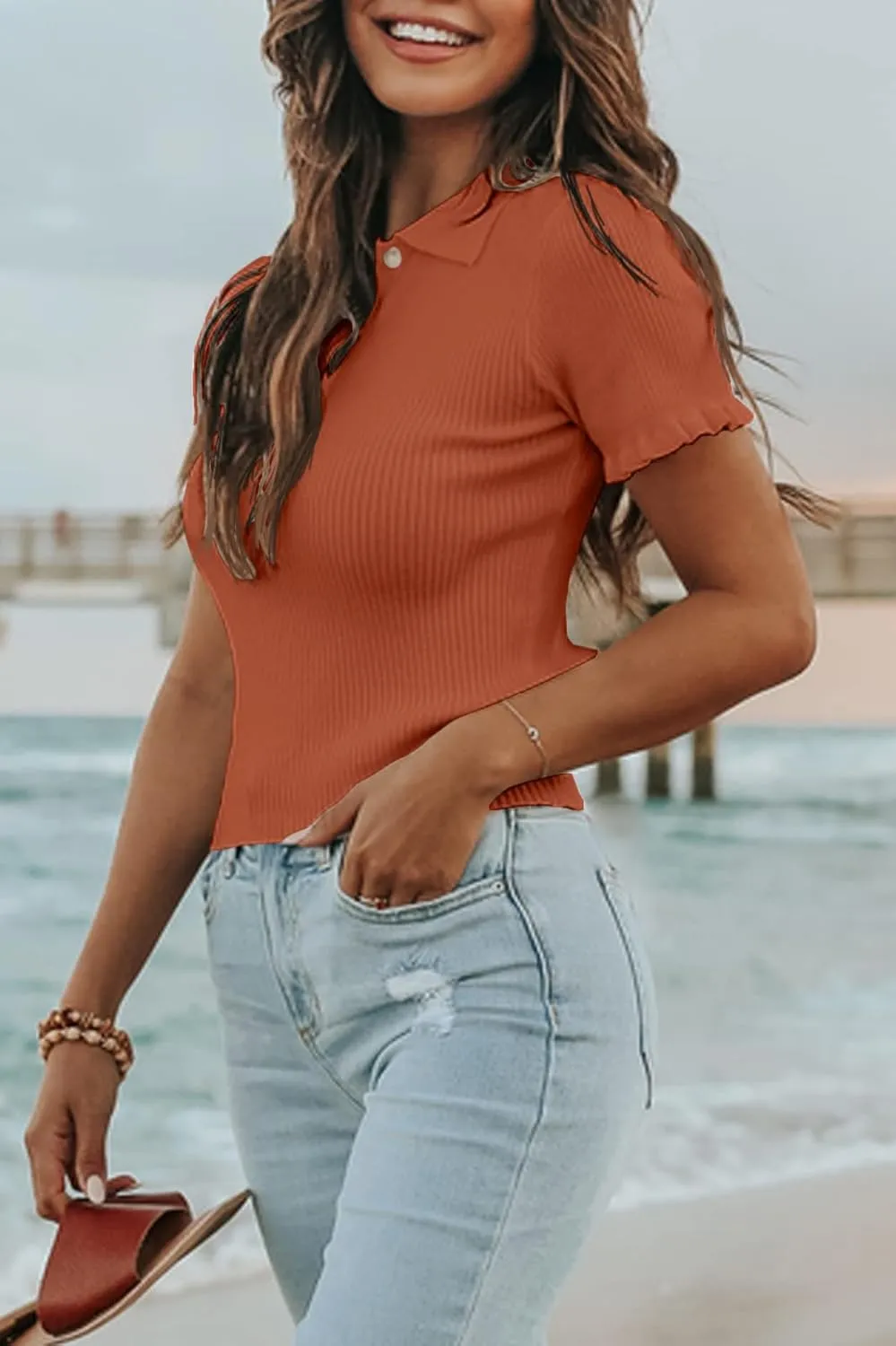 Womens Short Sleeve Sweater Tops V Neck Button Collared Ribbed Knit Pullover Shirt Slim Cropped Fall Blouse Tee