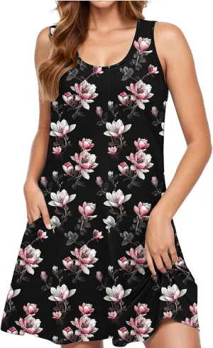 Womens Sleeveless Beach Dresses Trendy Swimsuit Cover Ups Vacation Dresses Floral Swing Mini Dress Flowy Dresses