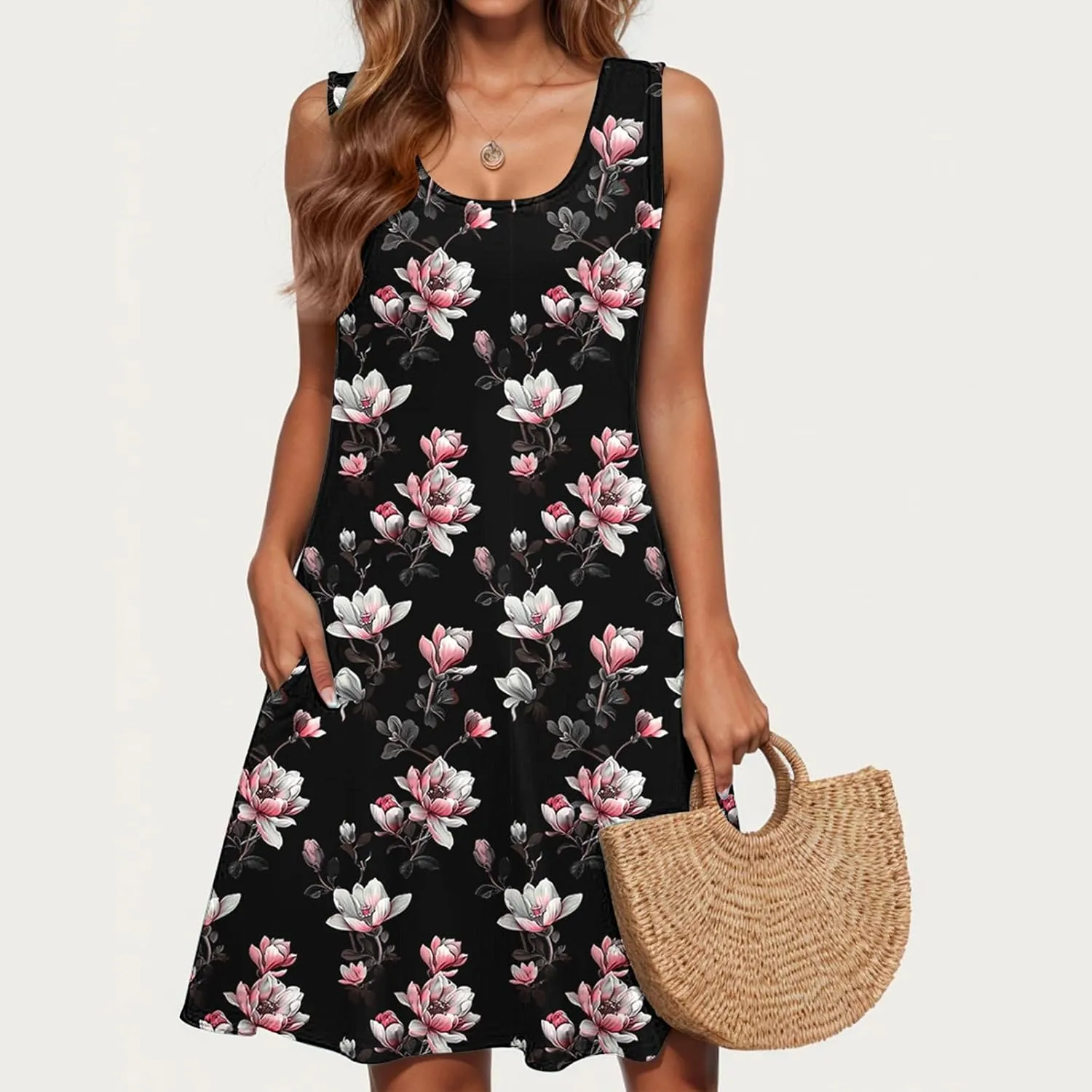 Womens Sleeveless Beach Dresses Trendy Swimsuit Cover Ups Vacation Dresses Floral Swing Mini Dress Flowy Dresses