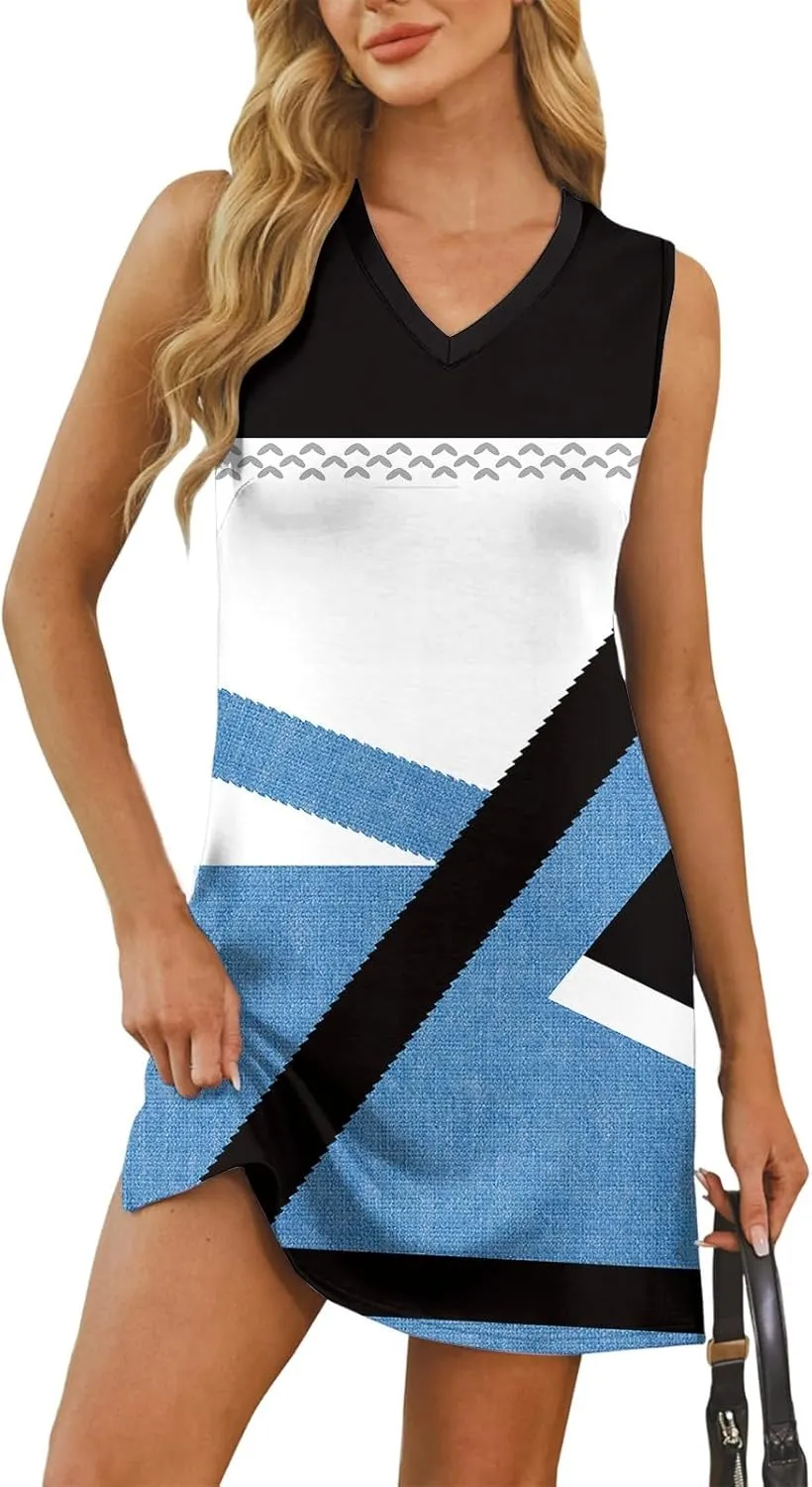 Women's Sleeveless Geometric Print Casual Summer Dress V-Neck Loose Fit Sundress with Pockets for Daily Wear