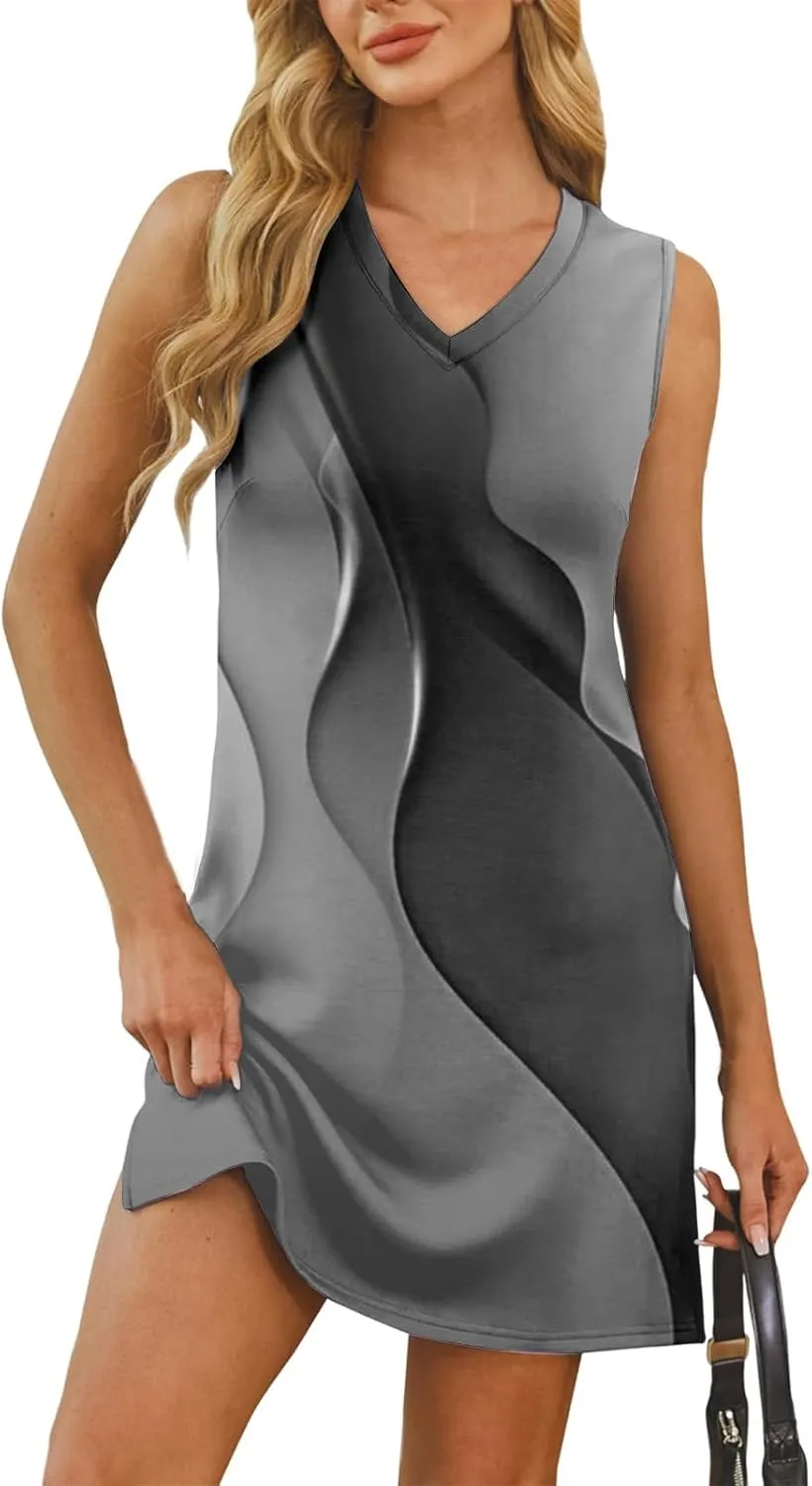 Women's Sleeveless Geometric Print Casual Summer Dress V-Neck Loose Fit Sundress with Pockets for Daily Wear