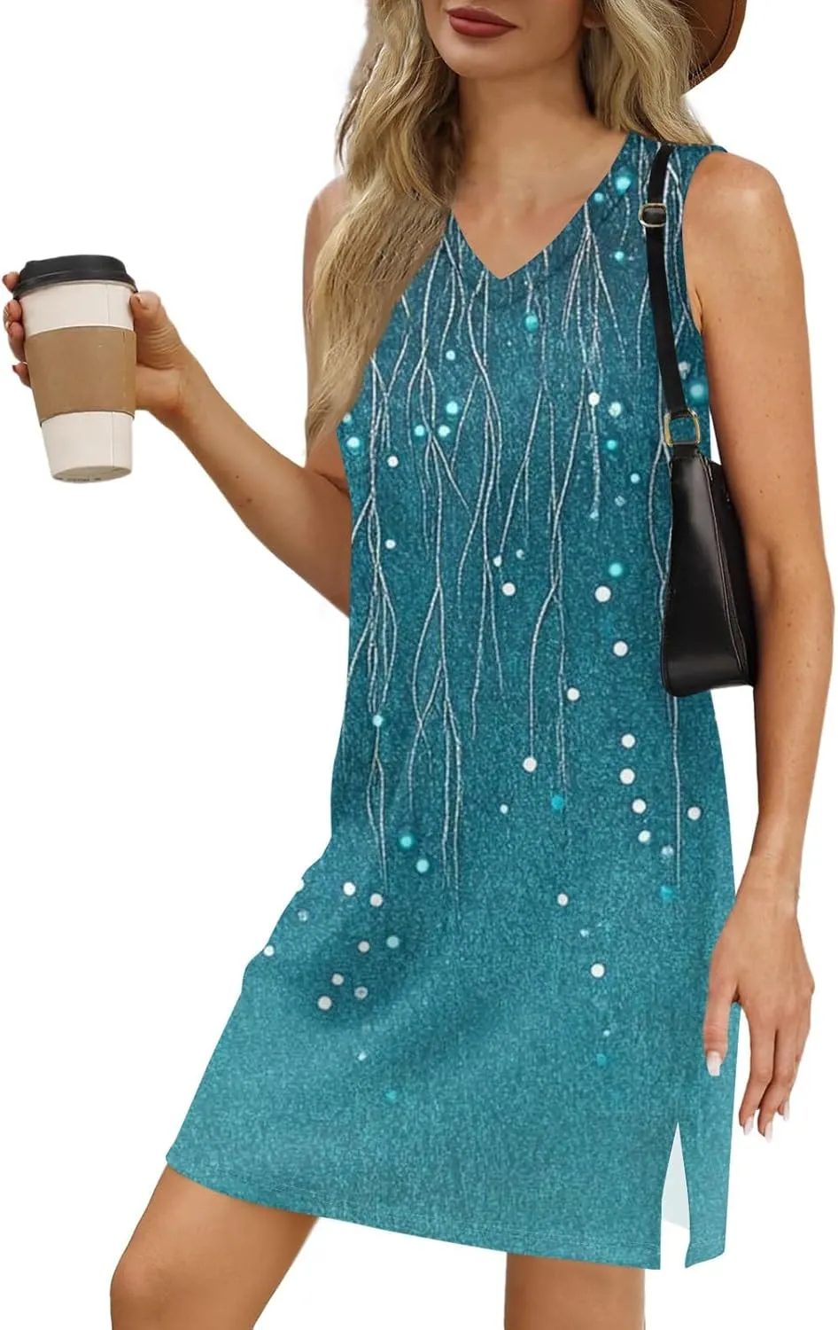 Women's Sleeveless Geometric Print Casual Summer Dress V-Neck Loose Fit Sundress with Pockets for Daily Wear