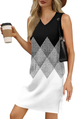 Women's Sleeveless Geometric Print Casual Summer Dress V-Neck Loose Fit Sundress with Pockets for Daily Wear