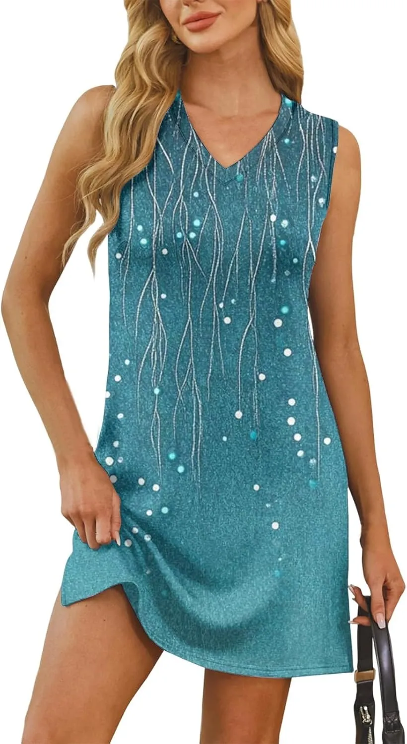 Women's Sleeveless Geometric Print Casual Summer Dress V-Neck Loose Fit Sundress with Pockets for Daily Wear