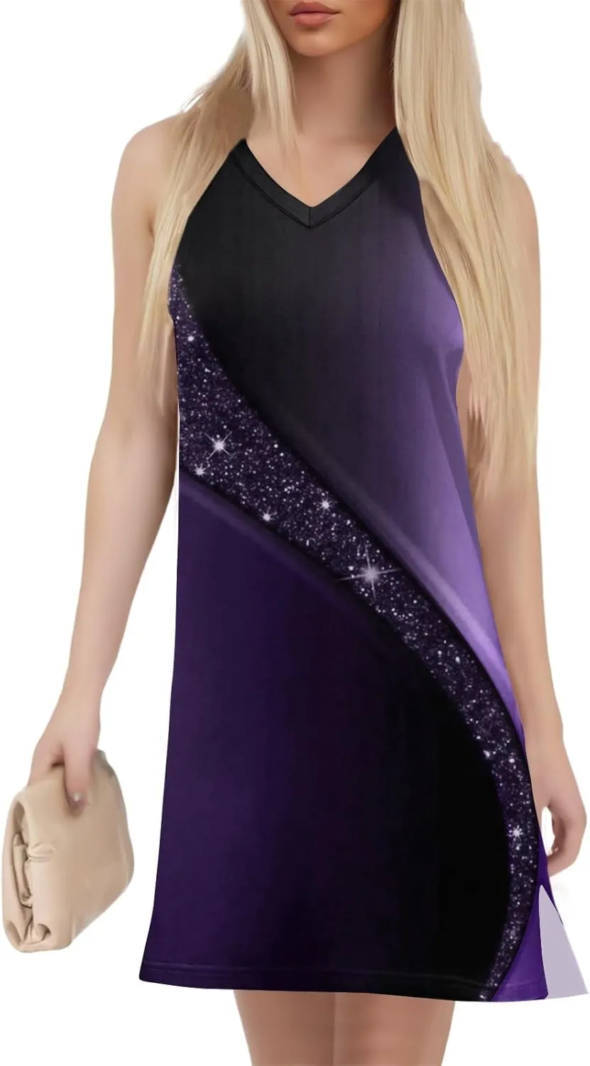 Women's Sleeveless Geometric Print Casual Summer Dress V-Neck Loose Fit Sundress with Pockets for Daily Wear
