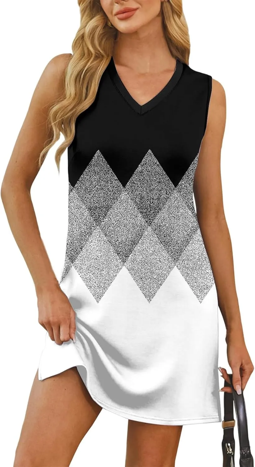 Women's Sleeveless Geometric Print Casual Summer Dress V-Neck Loose Fit Sundress with Pockets for Daily Wear