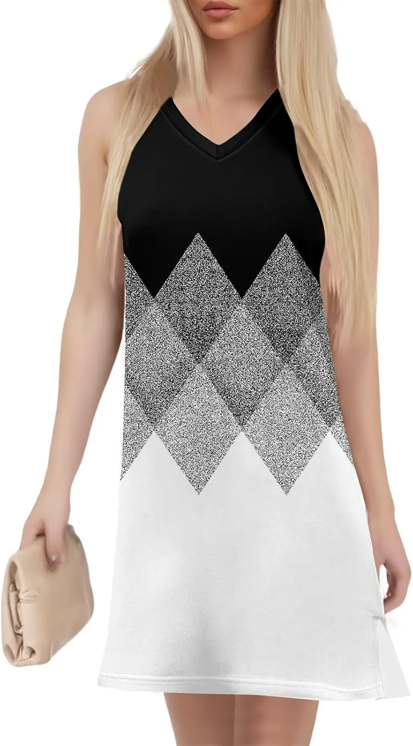 Women's Sleeveless Geometric Print Casual Summer Dress V-Neck Loose Fit Sundress with Pockets for Daily Wear