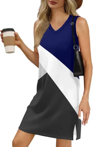 Women's Sleeveless Geometric Print Casual Summer Dress V-Neck Loose Fit Sundress with Pockets for Daily Wear