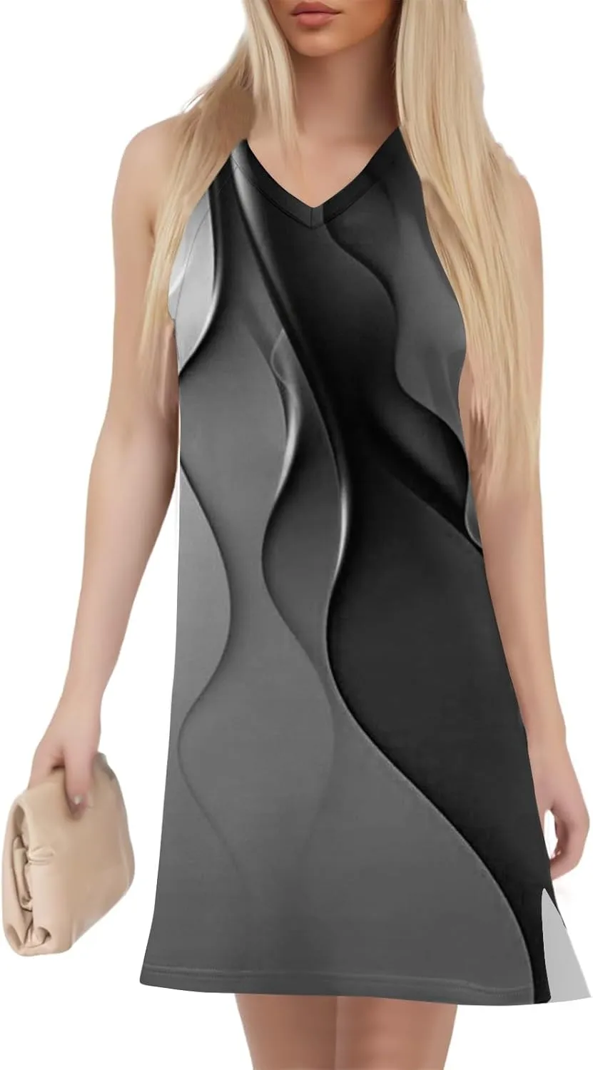 Women's Sleeveless Geometric Print Casual Summer Dress V-Neck Loose Fit Sundress with Pockets for Daily Wear