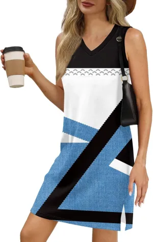 Women's Sleeveless Geometric Print Casual Summer Dress V-Neck Loose Fit Sundress with Pockets for Daily Wear