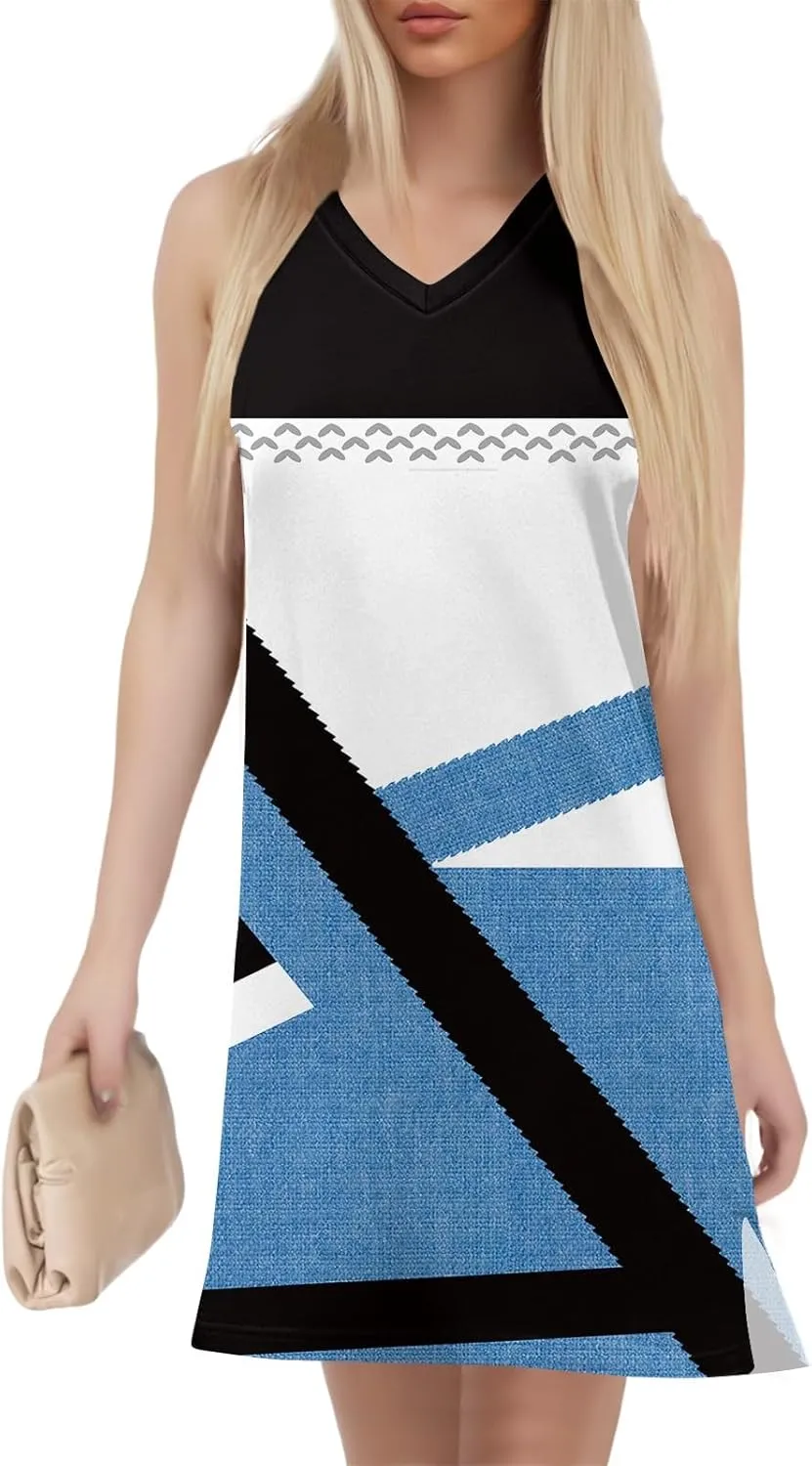 Women's Sleeveless Geometric Print Casual Summer Dress V-Neck Loose Fit Sundress with Pockets for Daily Wear