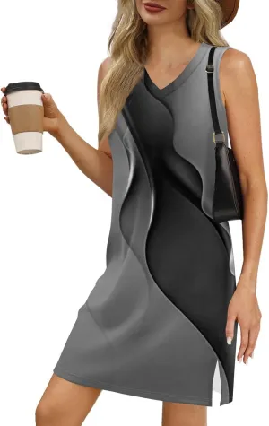 Women's Sleeveless Geometric Print Casual Summer Dress V-Neck Loose Fit Sundress with Pockets for Daily Wear