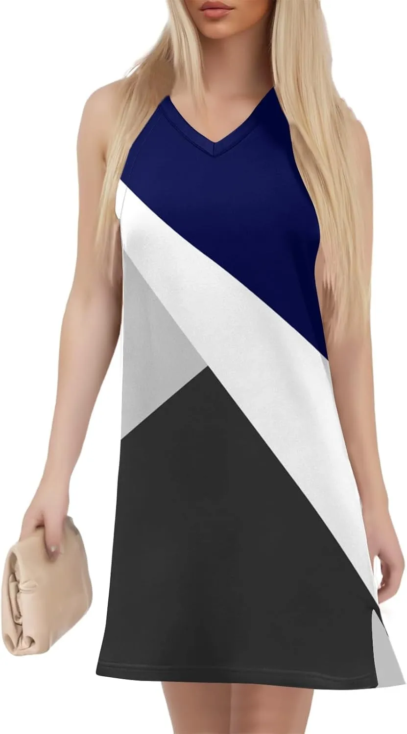 Women's Sleeveless Geometric Print Casual Summer Dress V-Neck Loose Fit Sundress with Pockets for Daily Wear