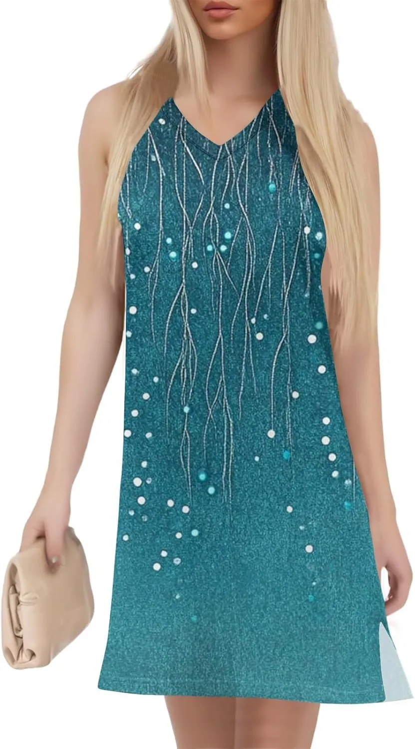Women's Sleeveless Geometric Print Casual Summer Dress V-Neck Loose Fit Sundress with Pockets for Daily Wear