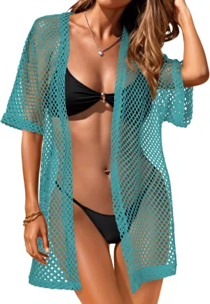 Womens Summer Cardigan Short Sleeve Crochet Casual Tops Kimono Open Front Cover Up Hollow Out Jacket