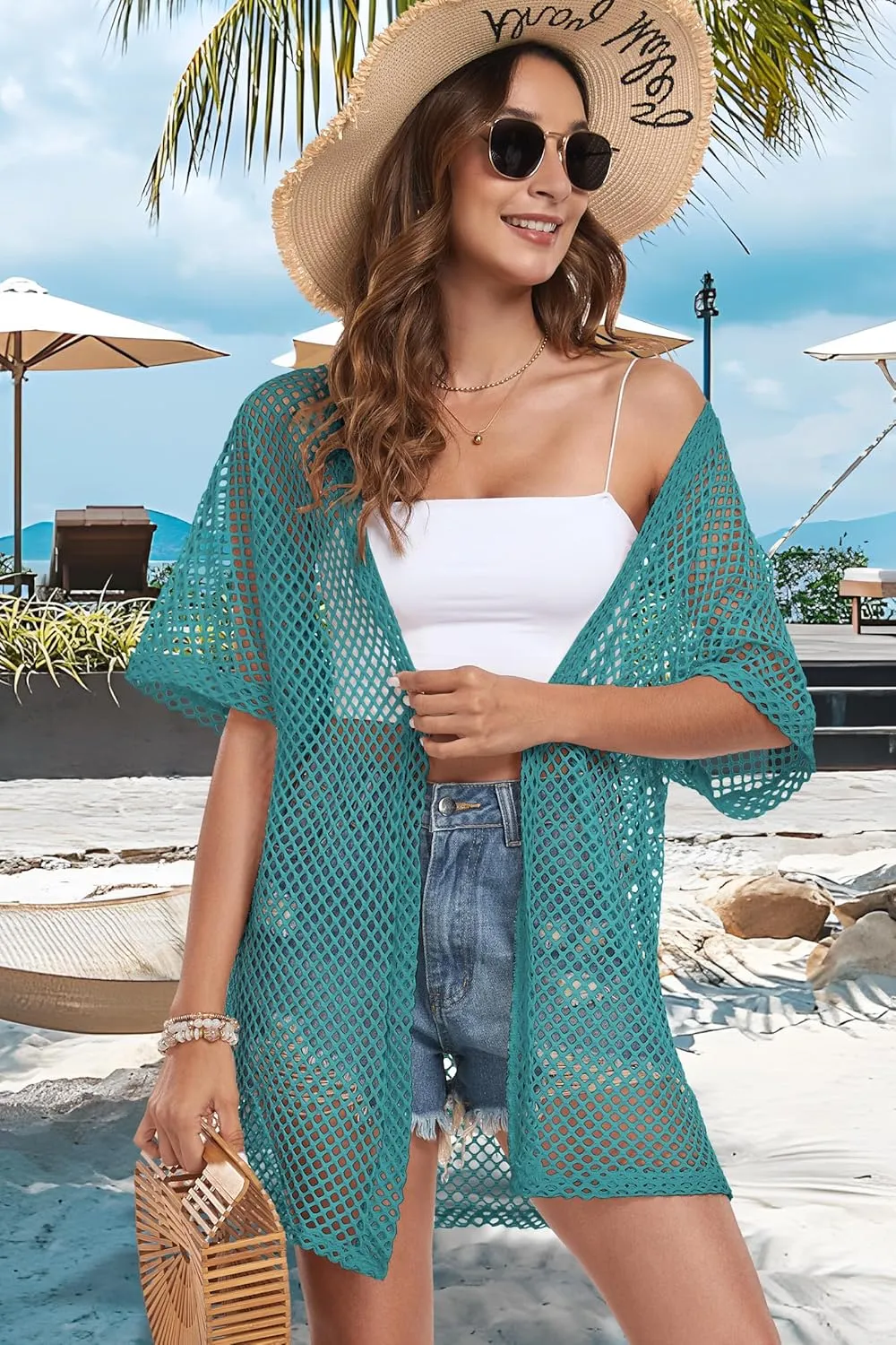 Womens Summer Cardigan Short Sleeve Crochet Casual Tops Kimono Open Front Cover Up Hollow Out Jacket