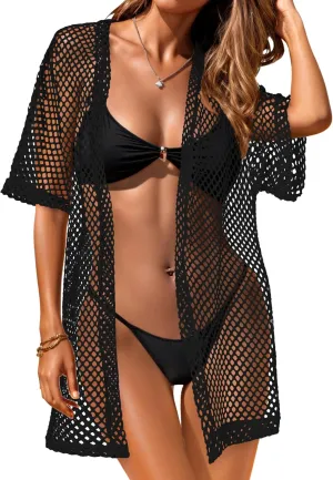 Womens Summer Cardigan Short Sleeve Crochet Casual Tops Kimono Open Front Cover Up Hollow Out Jacket