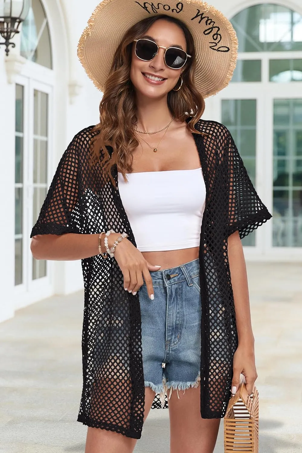 Womens Summer Cardigan Short Sleeve Crochet Casual Tops Kimono Open Front Cover Up Hollow Out Jacket
