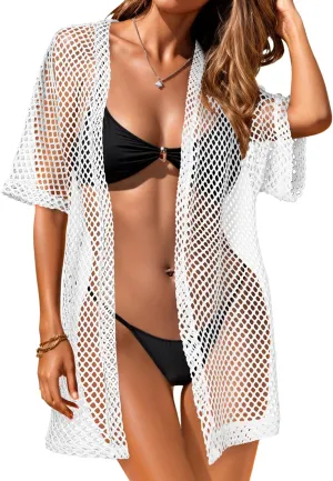 Womens Summer Cardigan Short Sleeve Crochet Casual Tops Kimono Open Front Cover Up Hollow Out Jacket