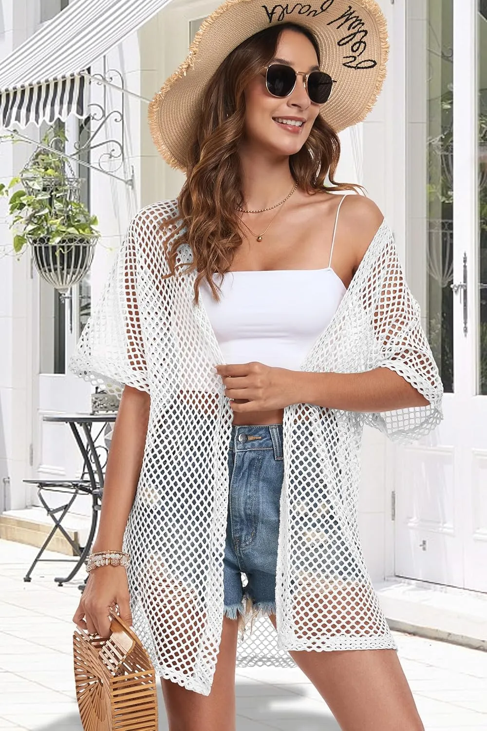 Womens Summer Cardigan Short Sleeve Crochet Casual Tops Kimono Open Front Cover Up Hollow Out Jacket