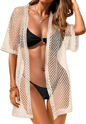 Womens Summer Cardigan Short Sleeve Crochet Casual Tops Kimono Open Front Cover Up Hollow Out Jacket