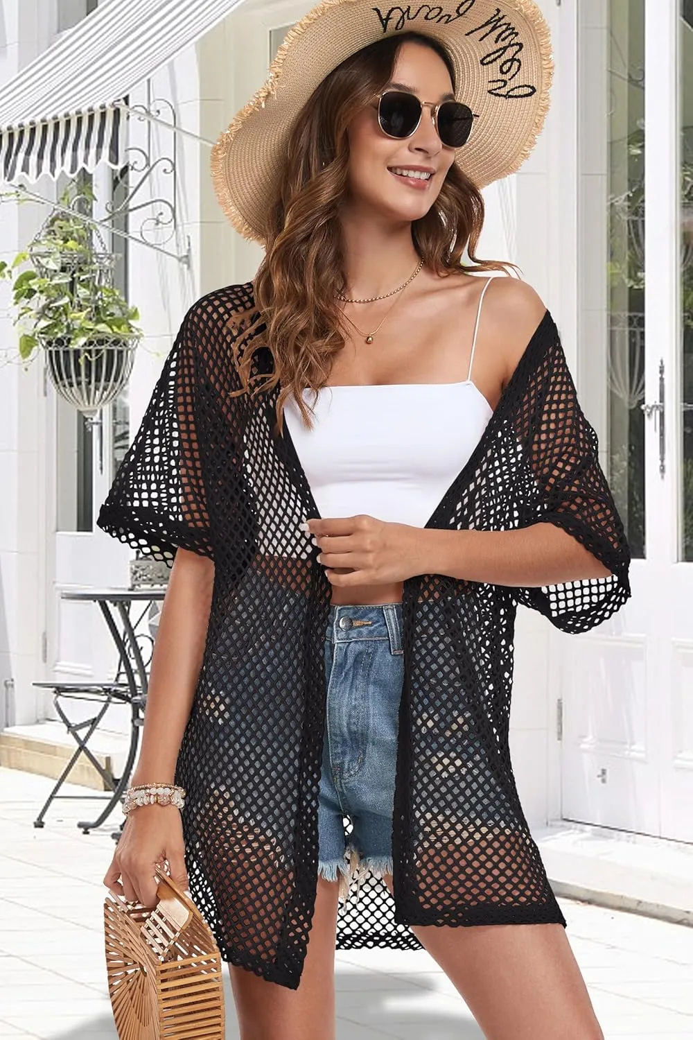 Womens Summer Cardigan Short Sleeve Crochet Casual Tops Kimono Open Front Cover Up Hollow Out Jacket