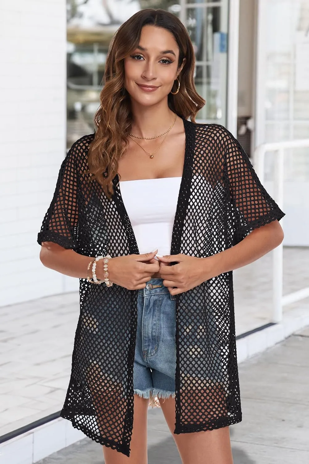 Womens Summer Cardigan Short Sleeve Crochet Casual Tops Kimono Open Front Cover Up Hollow Out Jacket