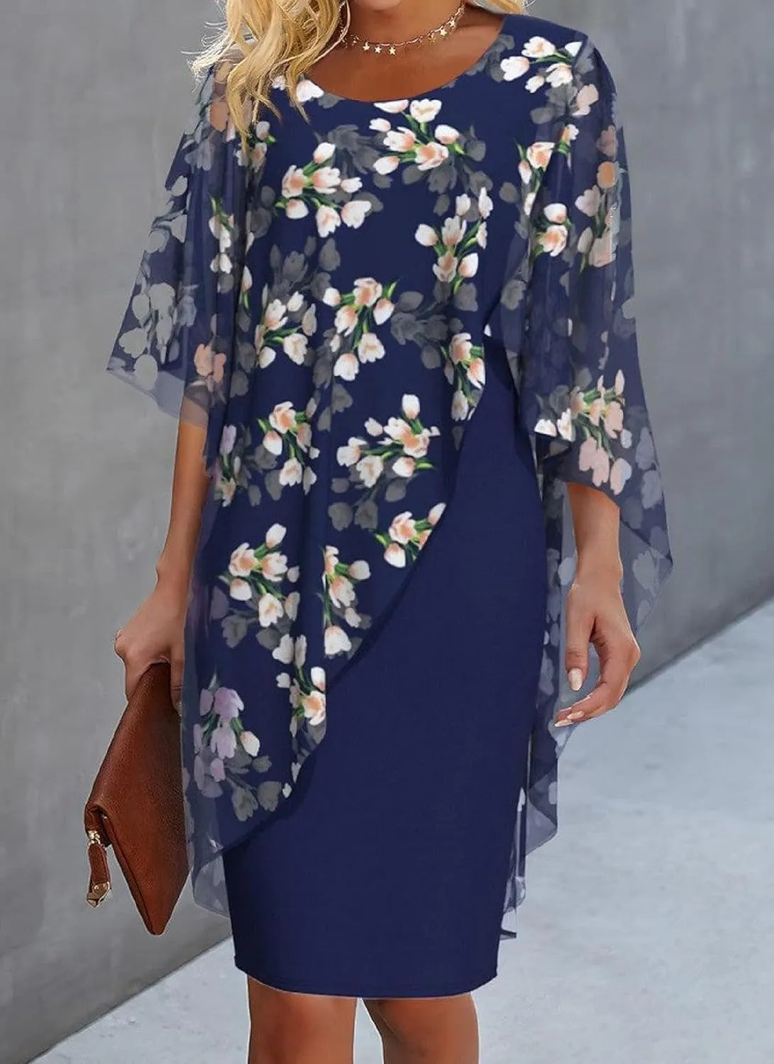 Womens Summer Casual Floral Printed Mini Dresses Round Neck Short Sleeve Fashion Flowy Layered Dress