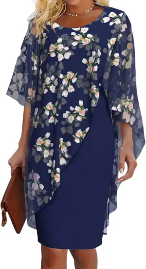 Womens Summer Casual Floral Printed Mini Dresses Round Neck Short Sleeve Fashion Flowy Layered Dress