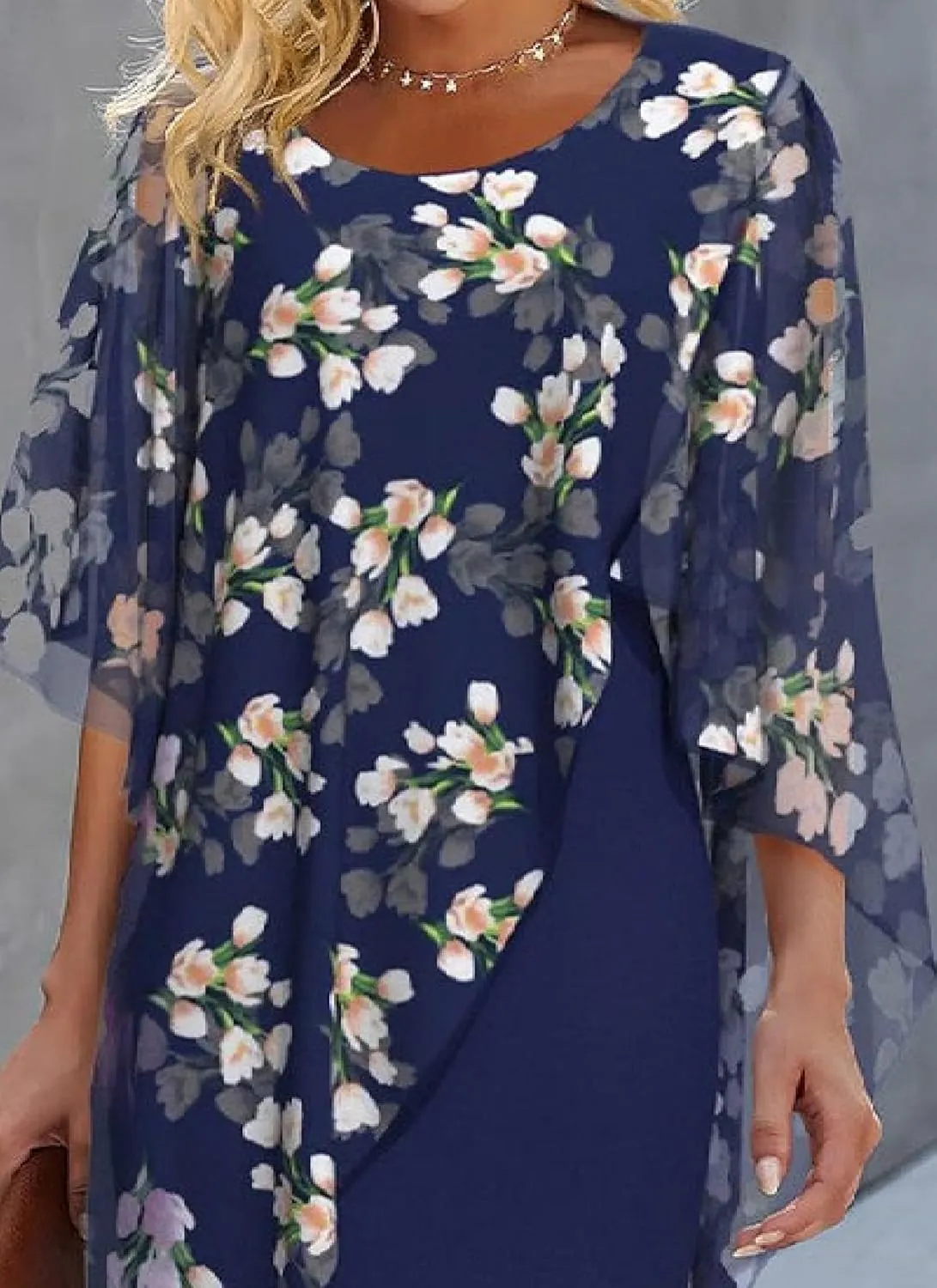 Womens Summer Casual Floral Printed Mini Dresses Round Neck Short Sleeve Fashion Flowy Layered Dress