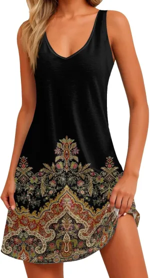 Womens Summer Dresses 2025 Loose V Neck Sleeveless Sundresses Beach Swimsuit Coverup with Pockets